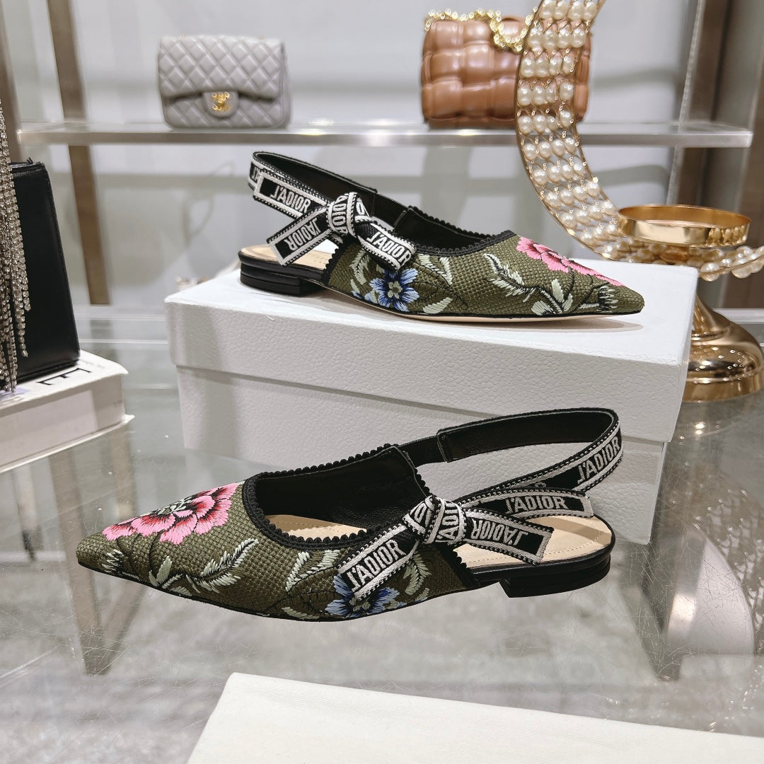 Women JAdior Slingback Flat Olive Multicolor Cotton with Dior Jardin B –  Loveamo